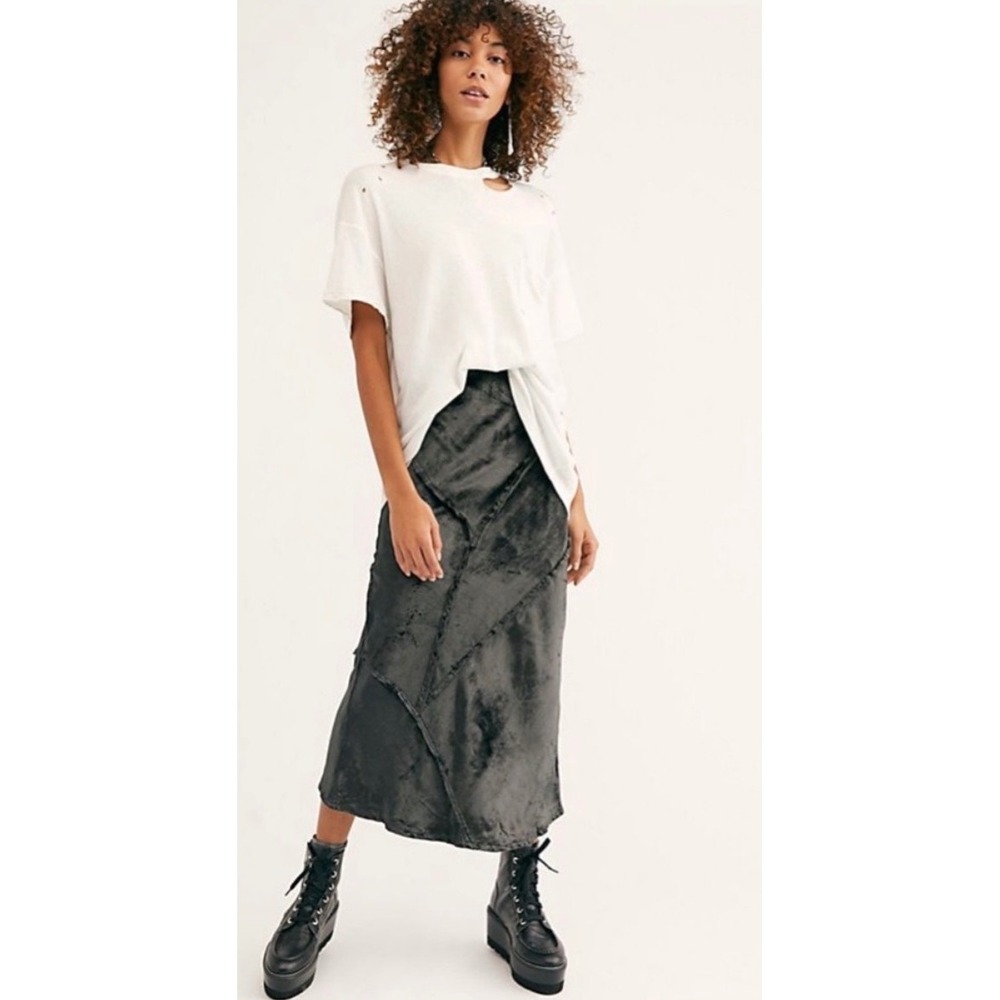 Free People Crushed Velvet Midi Skirt Pine Green Grey Distressed‎ Small